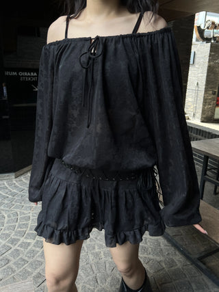 flower see-through lace off-shoulder ribbon blouse