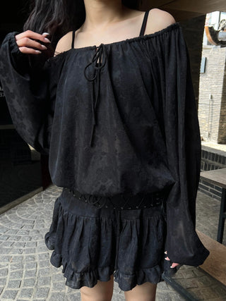 flower see-through lace off-shoulder ribbon blouse