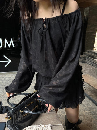 flower see-through lace off-shoulder ribbon blouse
