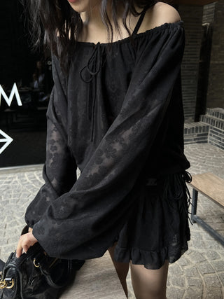 flower see-through lace off-shoulder ribbon blouse