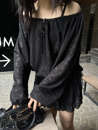 flower see-through lace off-shoulder ribbon blouse