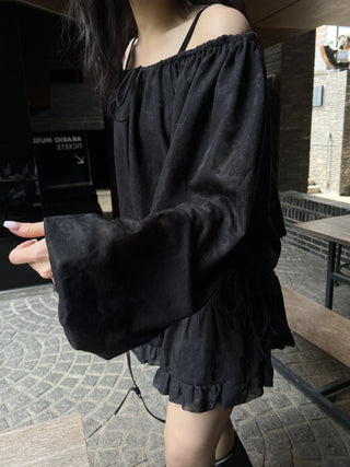flower see-through lace off-shoulder ribbon blouse