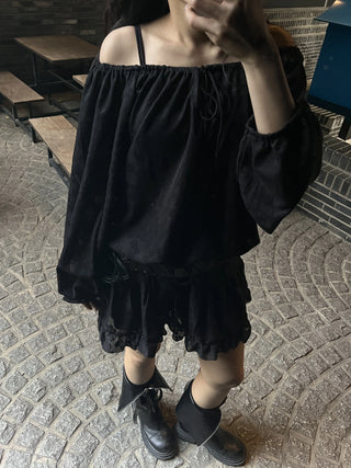 flower see-through lace off-shoulder ribbon blouse