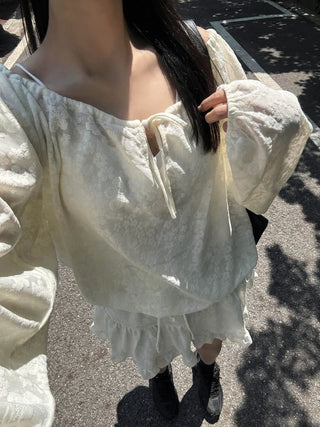 flower see-through lace off-shoulder ribbon blouse