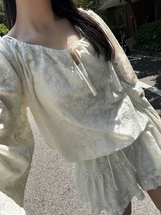 flower see-through lace off-shoulder ribbon blouse