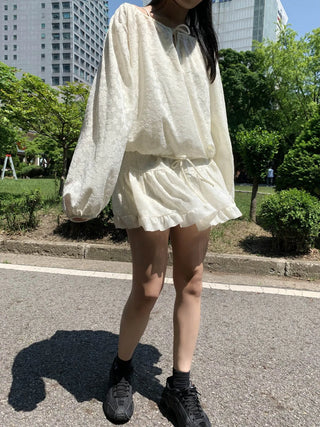 flower see-through lace off-shoulder ribbon blouse