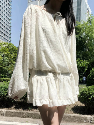flower see-through lace off-shoulder ribbon blouse