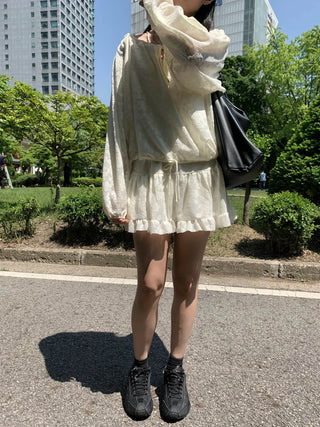 flower see-through lace off-shoulder ribbon blouse