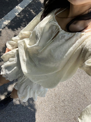 flower see-through lace off-shoulder ribbon blouse