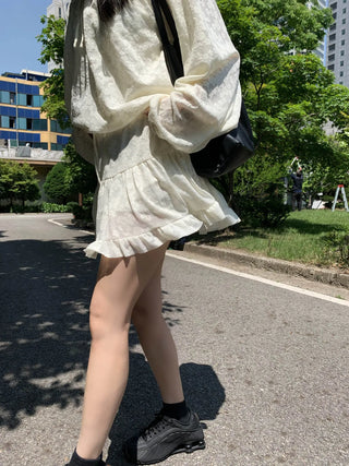 flower see-through lace frill banding skirt pants mini skirt