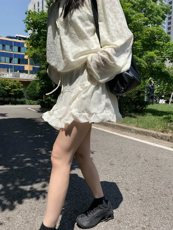 flower see-through lace frill banding skirt pants mini skirt