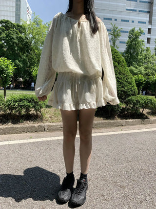 flower see-through lace frill banding skirt pants mini skirt