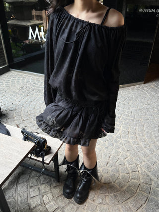 flower see-through lace frill banding skirt pants mini skirt