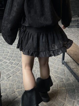 flower see-through lace frill banding skirt pants mini skirt