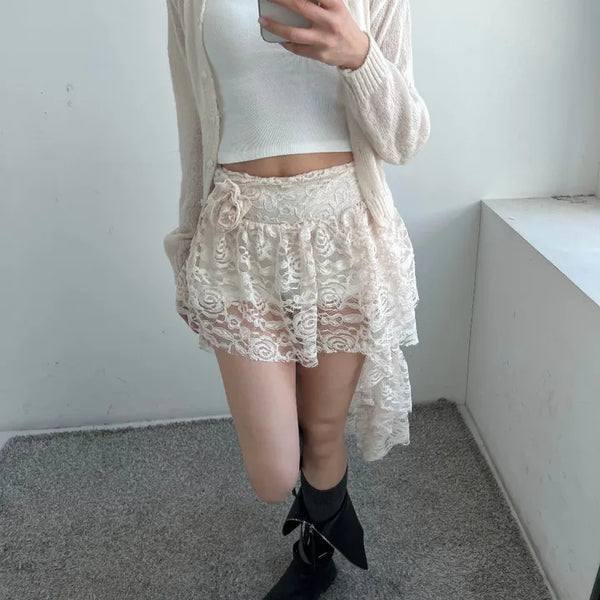 Flower Corsage Unbalanced Lace Mini Skirt