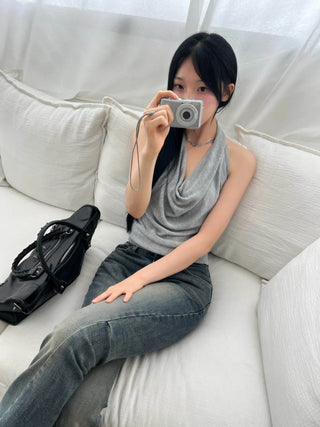 twisted backless drape halter neck summer knit sleeveless top