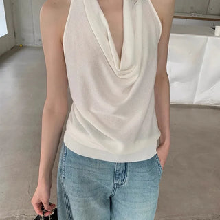 twisted backless drape halter neck summer knit sleeveless top