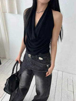 twisted backless drape halter neck summer knit sleeveless top