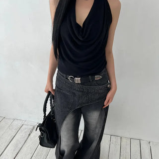 twisted backless drape halter neck summer knit sleeveless top