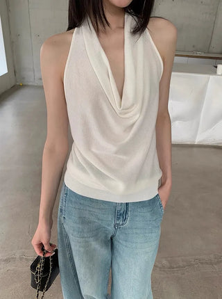 twisted backless drape halter neck summer knit sleeveless top