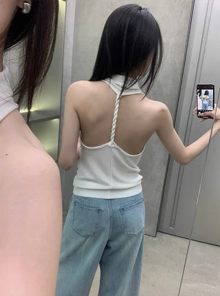 twisted backless drape halter neck summer knit sleeveless top
