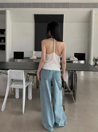 twisted backless drape halter neck summer knit sleeveless top
