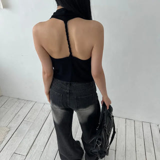 twisted backless drape halter neck summer knit sleeveless top