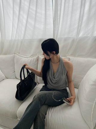 twisted backless drape halter neck summer knit sleeveless top