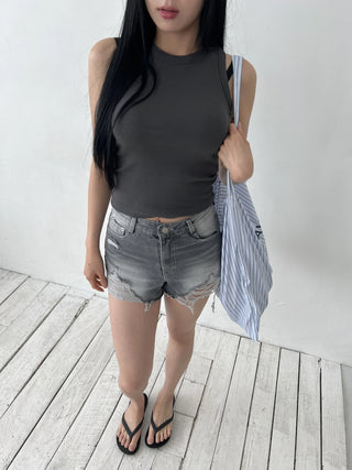 Gray Damaged Denim Shorts