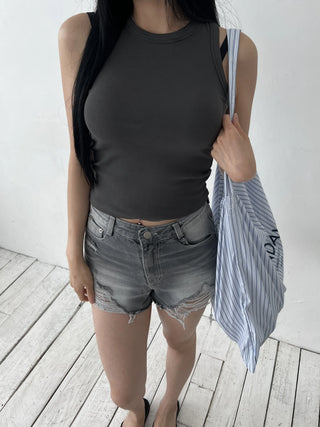 Gray Damaged Denim Shorts