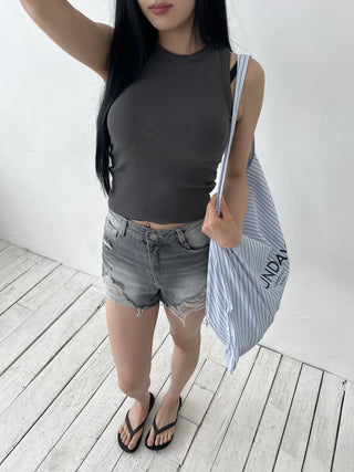 Gray Damaged Denim Shorts