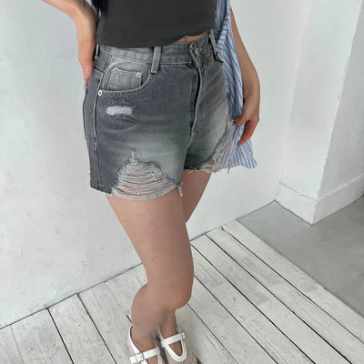 Gray Damaged Denim Shorts