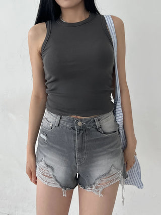 Gray Damaged Denim Shorts