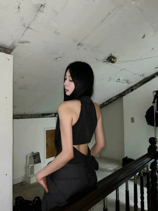 collared shirt halter neck striped backless slim fit waist back slit sleeveless