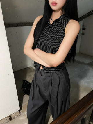 collared shirt halter neck striped backless slim fit waist back slit sleeveless