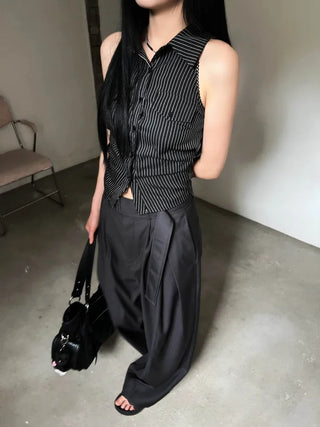 collared shirt halter neck striped backless slim fit waist back slit sleeveless