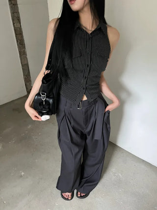 collared shirt halter neck striped backless slim fit waist back slit sleeveless
