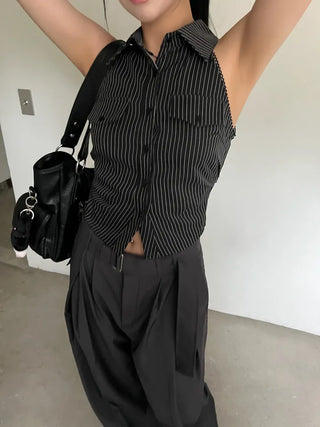 collared shirt halter neck striped backless slim fit waist back slit sleeveless