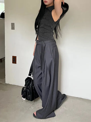 collared shirt halter neck striped backless slim fit waist back slit sleeveless