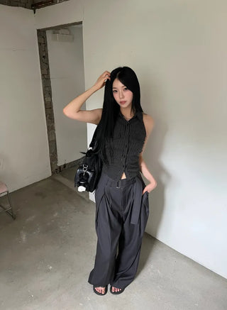 collared shirt halter neck striped backless slim fit waist back slit sleeveless
