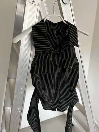 collared shirt halter neck striped backless slim fit waist back slit sleeveless