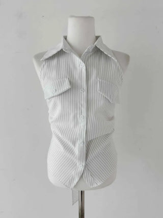 collared shirt halter neck striped backless slim fit waist back slit sleeveless