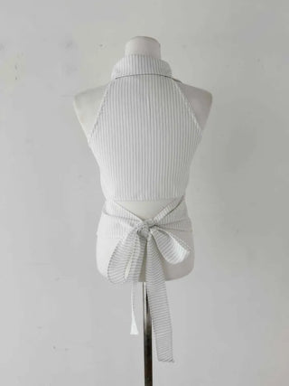 collared shirt halter neck striped backless slim fit waist back slit sleeveless
