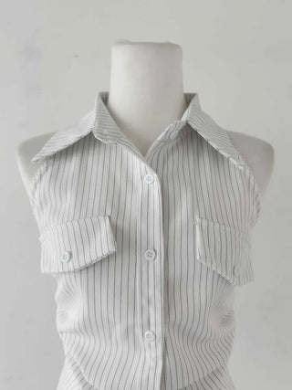 collared shirt halter neck striped backless slim fit waist back slit sleeveless