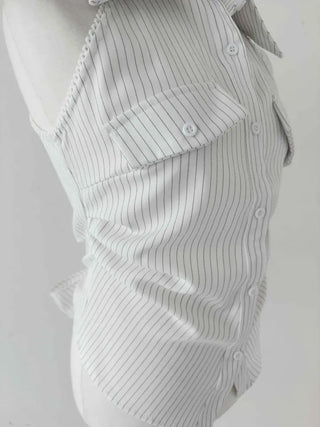 collared shirt halter neck striped backless slim fit waist back slit sleeveless