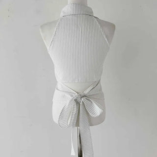 collared shirt halter neck striped backless slim fit waist back slit sleeveless