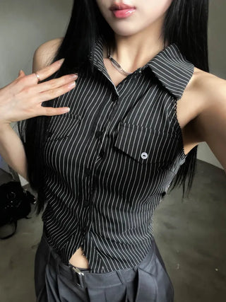 collared shirt halter neck striped backless slim fit waist back slit sleeveless