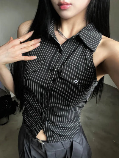 collared shirt halter neck striped backless slim fit waist back slit sleeveless