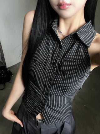 collared shirt halter neck striped backless slim fit waist back slit sleeveless