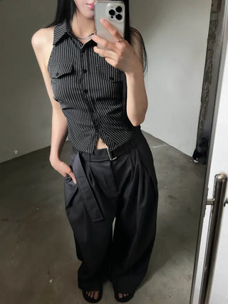 collared shirt halter neck striped backless slim fit waist back slit sleeveless